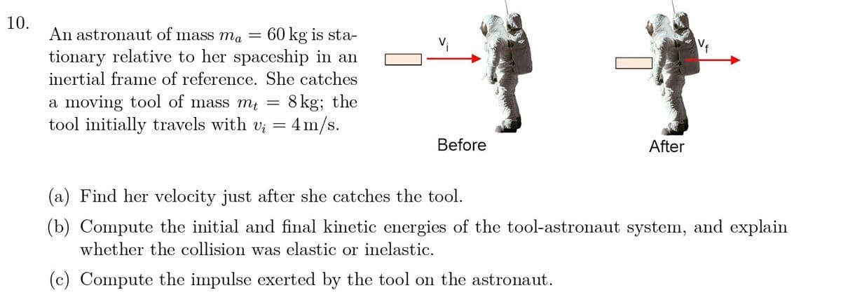 10.
An astronaut of mass ma = 60 kg is sta-
tionary relative to her spaceship in an
inertial frame of reference. She catches
a moving tool of mass mt
8 kg; the
tool initially travels with v; = 4 m/s.
=
Before
After
(a) Find her velocity just after she catches the tool.
(b) Compute the initial and final kinetic energies of the tool-astronaut system, and explain
whether the collision was elastic or inelastic.
(c) Compute the impulse exerted by the tool on the astronaut.