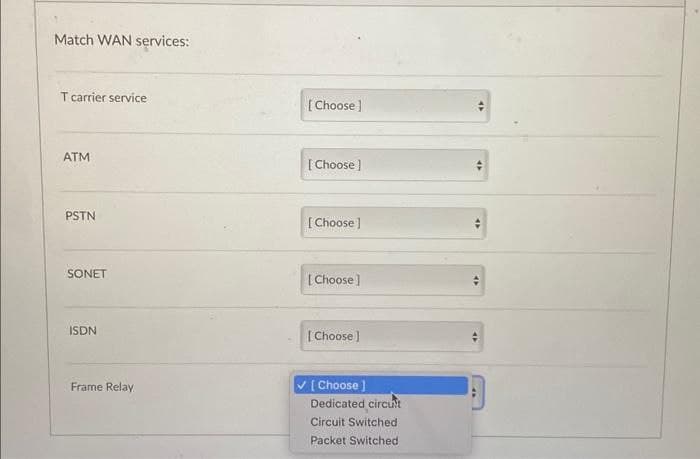 Match WAN services:
T carrier service
ATM
PSTN
SONET
ISDN
Frame Relay
[Choose ]
[Choose ]
[Choose ]
[Choose ]
[Choose ]
[Choose ]
Dedicated circuit
Circuit Switched
Packet Switched