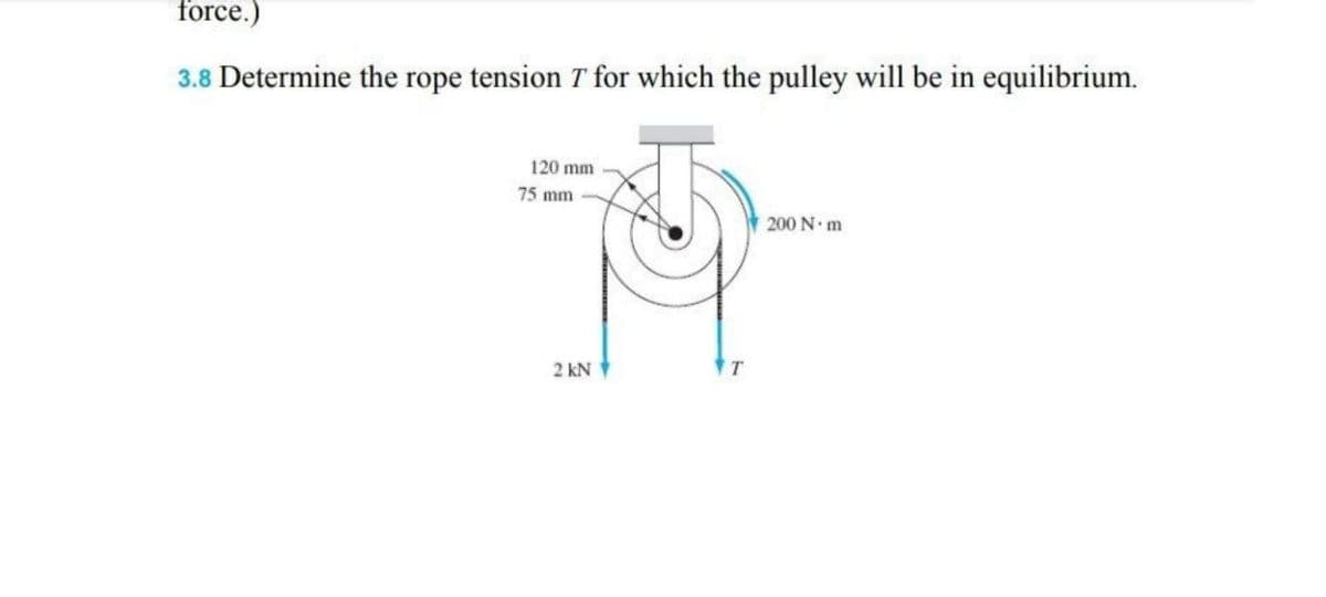 force.)
3.8 Determine the rope tension 7 for which the pulley will be in equilibrium.
120 mm
75 mm
N
2 kN
T
200 N·m