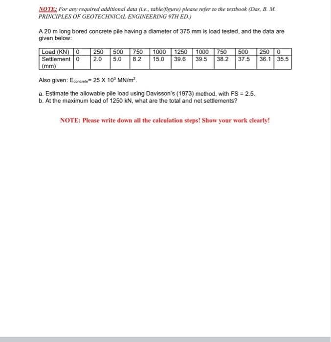 NOTE: For any required additional data (i.e., tableifigure) please refer to the textbook (Das, B. M.
PRINCIPLES OF GEOTECHNICAL ENGINEERING 9TH ED.)
A 20 m long bored concrete pile having a diameter of 375 mm is load tested, and the data are
given below:
| 250
750 1000 1250 1000 750
5.0 8.2 15.0 39.6 39.5
Load (KN) 0
500
500
37.5
250
Settlement 0 2.0
36.1 35.5
38.2
|(mm)
Also given: Econcre= 25 X 10° MN/m?.
a. Estimate the allowable pile load using Davisson's (1973) method, with FS = 2.5.
b. At the maximum load of 1250 kN, what are the total and net settlements?
NOTE: Please write down all the caleulation steps! Show your work clearly!
