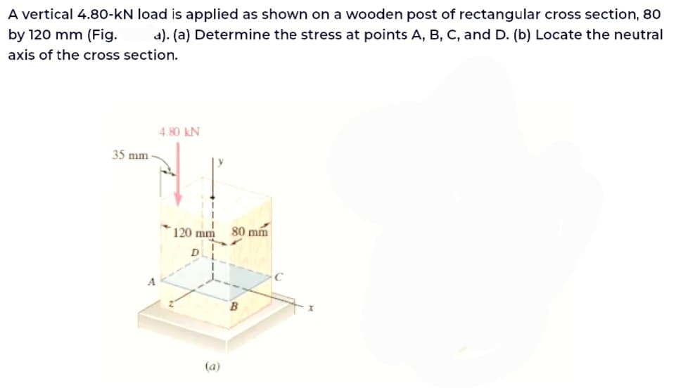 A vertical 4.80-kN load is applied as shown on a wooden post of rectangular cross section, 80
by 120 mm (Fig. a). (a) Determine the stress at points A, B, C, and D. (b) Locate the neutral
axis of the cross section.
35 mm
4.80 KN
120 mm
D
(a)
80 mm
B
C