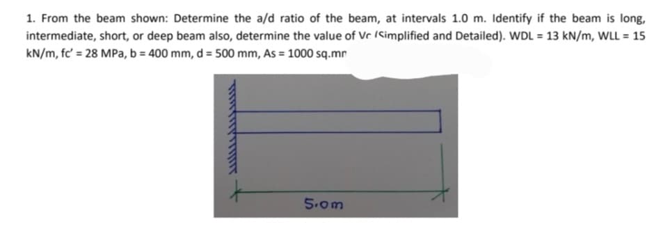 1. From the beam shown: Determine the a/d ratio of the beam, at intervals 1.0 m. Identify if the beam is long,
intermediate, short, or deep beam also, determine the value of Vc (Simplified and Detailed). WDL = 13 kN/m, WLL = 15
kN/m, fc' = 28 MPa, b = 400 mm, d = 500 mm, As = 1000 sq.mr
5.0m