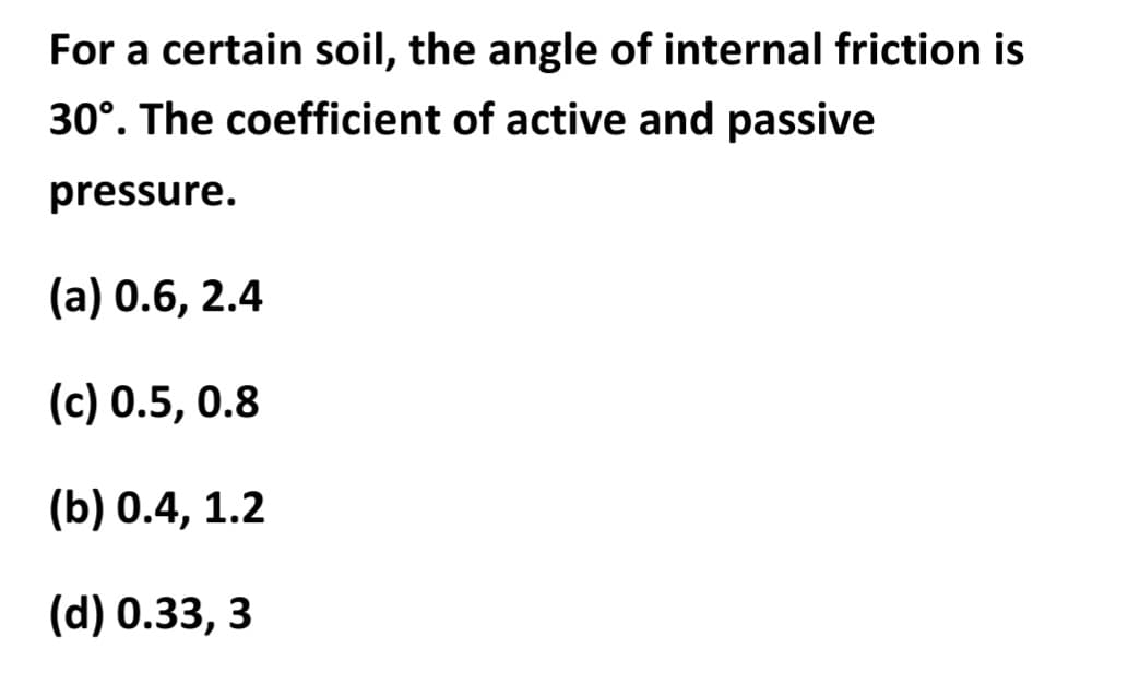 For a certain soil, the angle of internal friction is
30°. The coefficient of active and passive
pressure.
(a) 0.6, 2.4
(c) 0.5, 0.8
(b) 0.4, 1.2
(d) 0.33, 3