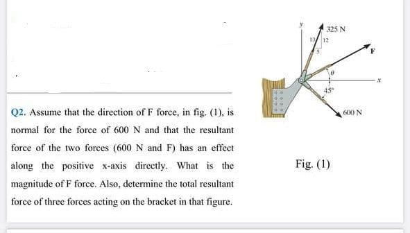 325 N
13
12
Q2. Assume that the direction of F force, in fig. (1), is
600 N
normal for the force of 600 N and that the resultant
force of the two forces (600 N and F) has an effect
along the positive x-axis directly. What is the
Fig. (1)
magnitude of F force. Also, determine the total resultant
force of three forces acting on the bracket in that figure.
