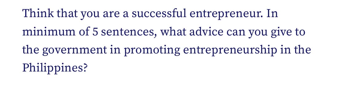 Think that you are a successful entrepreneur. In
minimum of 5 sentences, what advice can you give to
the government in promoting entrepreneurship in the
Philippines?
