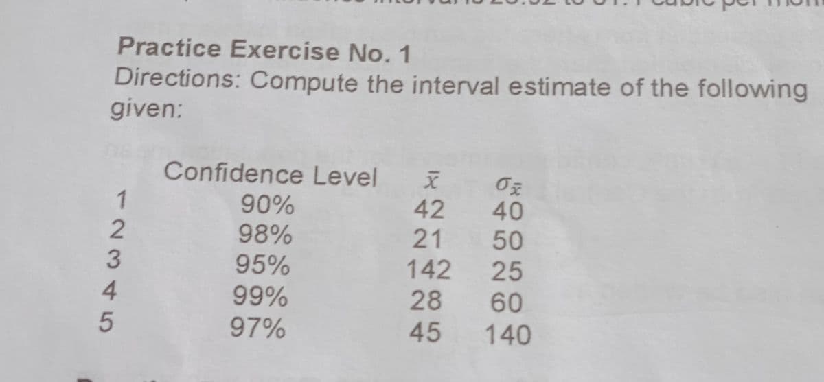 Practice Exercise No. 1
Directions: Compute the interval estimate of the following
given:
Confidence Level
90%
98%
42 40
21 50
95%
142 25
99%
28
60
97%
45
140
1234 5
