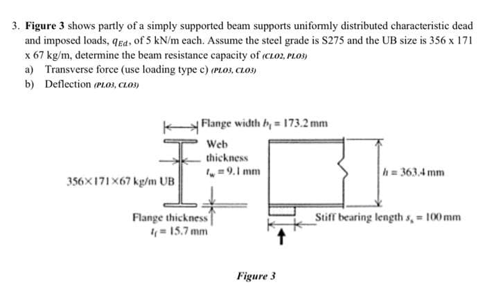 3. Figure 3 shows partly of a simply supported beam supports uniformly distributed characteristic dead
and imposed loads, qEd, of 5 kN/m each. Assume the steel grade is S275 and the UB size is 356 x 171
x 67 kg/m, determine the beam resistance capacity of (CLO2, PLO3)
a) Transverse force (use loading type c) (PLO3, CLOS)
b) Deflection (PLOS, CLO3)
Flange width b, = 173.2 mm
Web
thickness
= 9.1 mm
h= 363.4 mm
356X171 X67 kg/m UB
Flange thickness
= 15.7 mm
Stiff bearing length s, 100 mm
Figure 3
