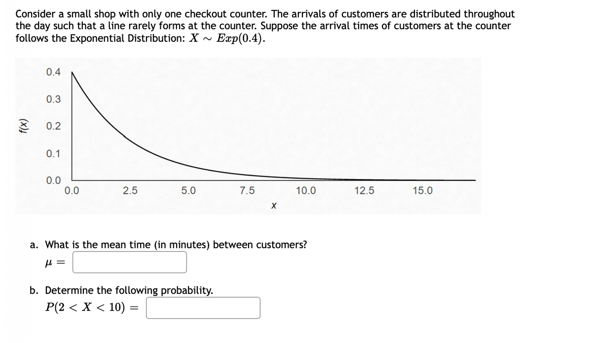 Consider a small shop with only one checkout counter. The arrivals of customers are distributed throughout
the day such that a line rarely forms at the counter. Suppose the arrival times of customers at the counter
follows the Exponential Distribution: X
Еap(0.4).
0.4
0.3
3 0.2
0.1
0.0
0.0
2.5
5.0
7.5
10.0
12.5
15.0
a. What is the mean time (in minutes) between customers?
b. Determine the following probability.
P(2 < X < 10)
