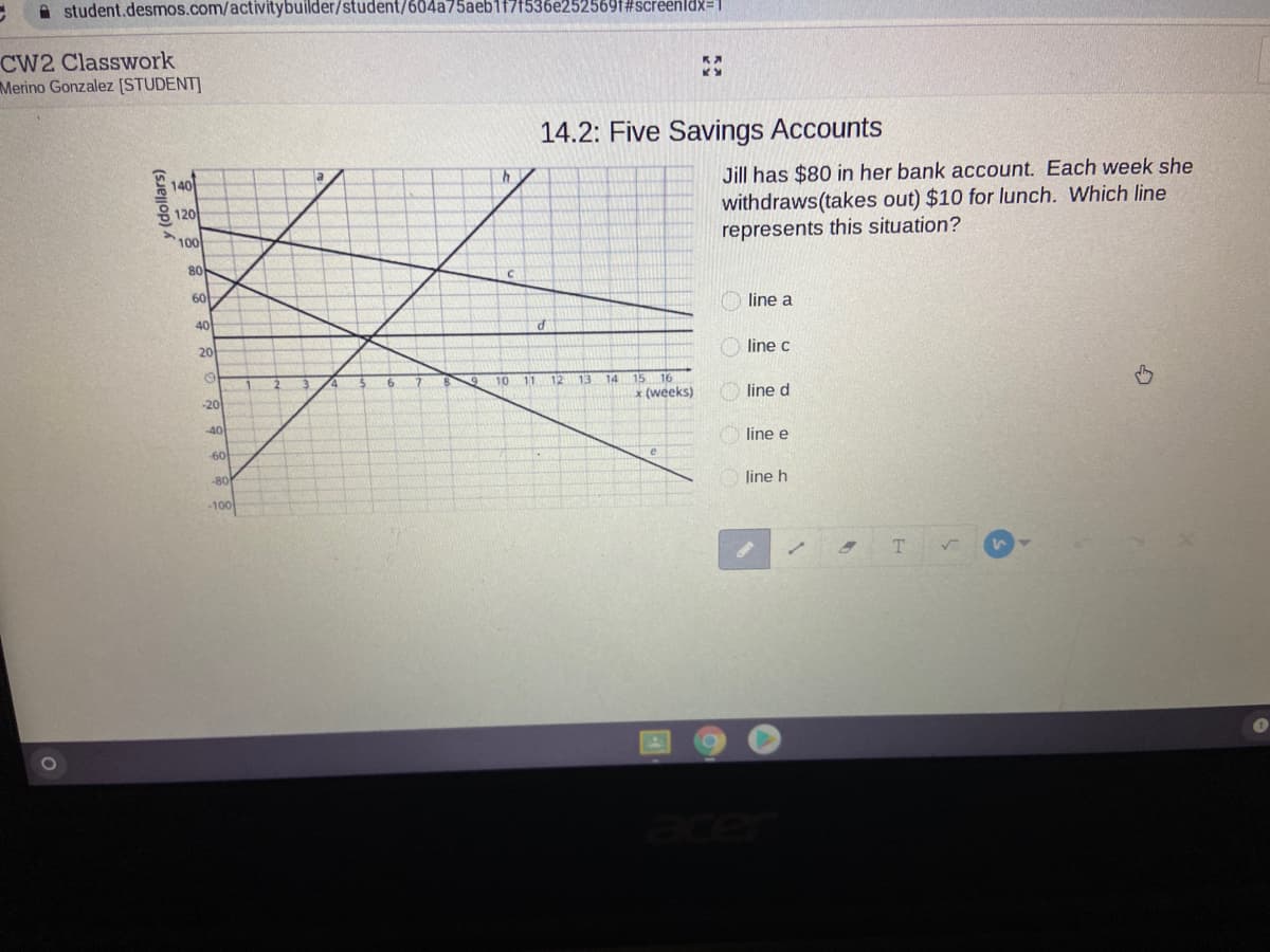 A student.desmos.com/activitybuilder/student/604a75aeb1t71536e252569f#screenldx=1
CW2 Classwork
Merino Gonzalez [STUDENT]
14.2: Five Savings Accounts
140
Jill has $80 in her bank account. Each week she
withdraws(takes out) $10 for lunch. Which line
represents this situation?
응 120
100
80
60
line a
40
20
line c
10
11
12
13
14
15 16
-20
x (weeks)
line d
-40
line e
-60
80
line h
-100
y (dollars)
