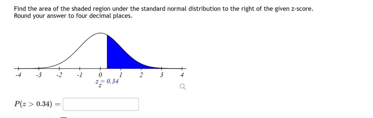 Find the area of the shaded region under the standard normal distribution to the right of the given z-score.
Round your answer to four decimal places.
-4
-3
P(z > 0.34) =
=
+
1
0
z = 0.34
Z
3
♂