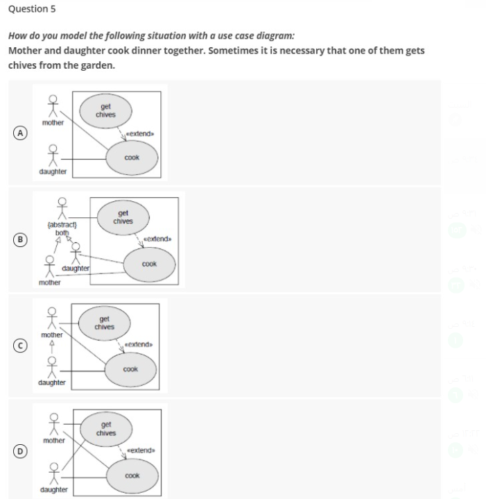 Question 5
How do you model the following situation with a use case diagram:
Mother and daughter cook dinner together. Sometimes it is necessary that one of them gets
chives from the garden.
B
D
옷차
mother
daughter
(abstract)
both
mother
OK
K+K
daughter
mother
daughter
K
mother
daughter
get
chives
get
chives
extend
get
chives
get
chives
cook
cook
extend
extend»
cook
cook
«extend