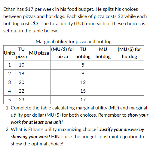 Ethan has $17 per week in his food budget. He splits his choices
between pizzas and hot dogs. Each slice of pizza costs $2 while each
hot dog costs $3. The total utility (TU) from each of these choices is
set out in the table below.
Marginal utility for pizza and hotdog
(MU/$) for TU
MU
MU pizza
hotdog
Units
TU
pizza
pizza hotdog
1 10
5
2
18
9
3
20
12
4
22
15
5
23
17
1. Complete the table calculating marginal utility (MU) and marginal
utility per dollar (MU/$) for both choices. Remember to show your
work for at least one unit!
2. What is Ethan's utility maximizing choice? Justify your answer by
showing your work! HINT: use the budget constraint equation to
show the optimal choice!
(MU/$) for
hotdog