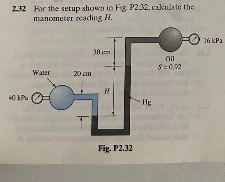 2.32 For the setup shown in Fig. P2.32, calculate the
manometer reading H.
16 kPa
30 cm
Oil
S= 0.92
Water
20 cm
H
40 kPa
Hg
Fig. P2.32
