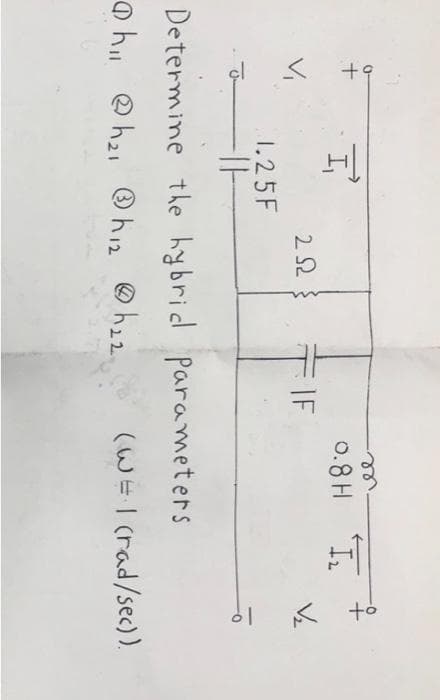 +9
ان
I'
1.25F
252
IF
0.8H ₂
Determine the hybrid parameters
h₁ h₂ h₁₂ @h₂₂
ot
(W = 1 (rad/sec)).