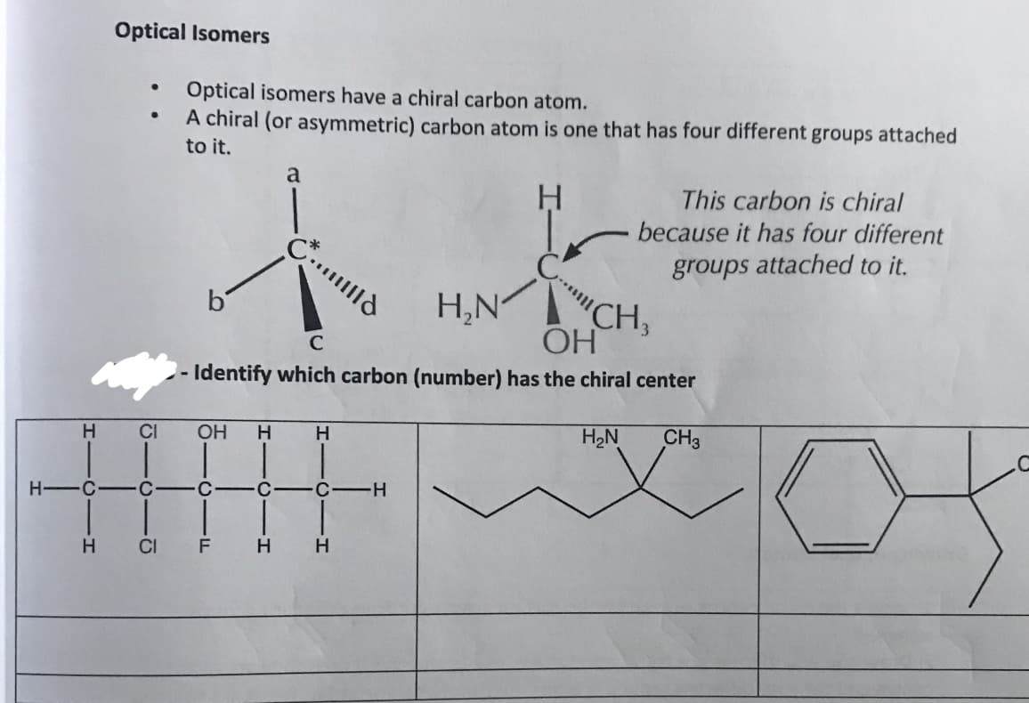 Optical Isomers
Optical isomers have a chiral carbon atom.
A chiral (or asymmetric) carbon atom is one that has four different groups attached
to it.
a
H
This carbon is chiral
because it has four different
groups attached to it.
H,N
CH,
OH
C
- Identify which carbon (number) has the chiral center
CI
OH
CH3
H
H.
H2N
H-
C-H
H
C F
HICI H
