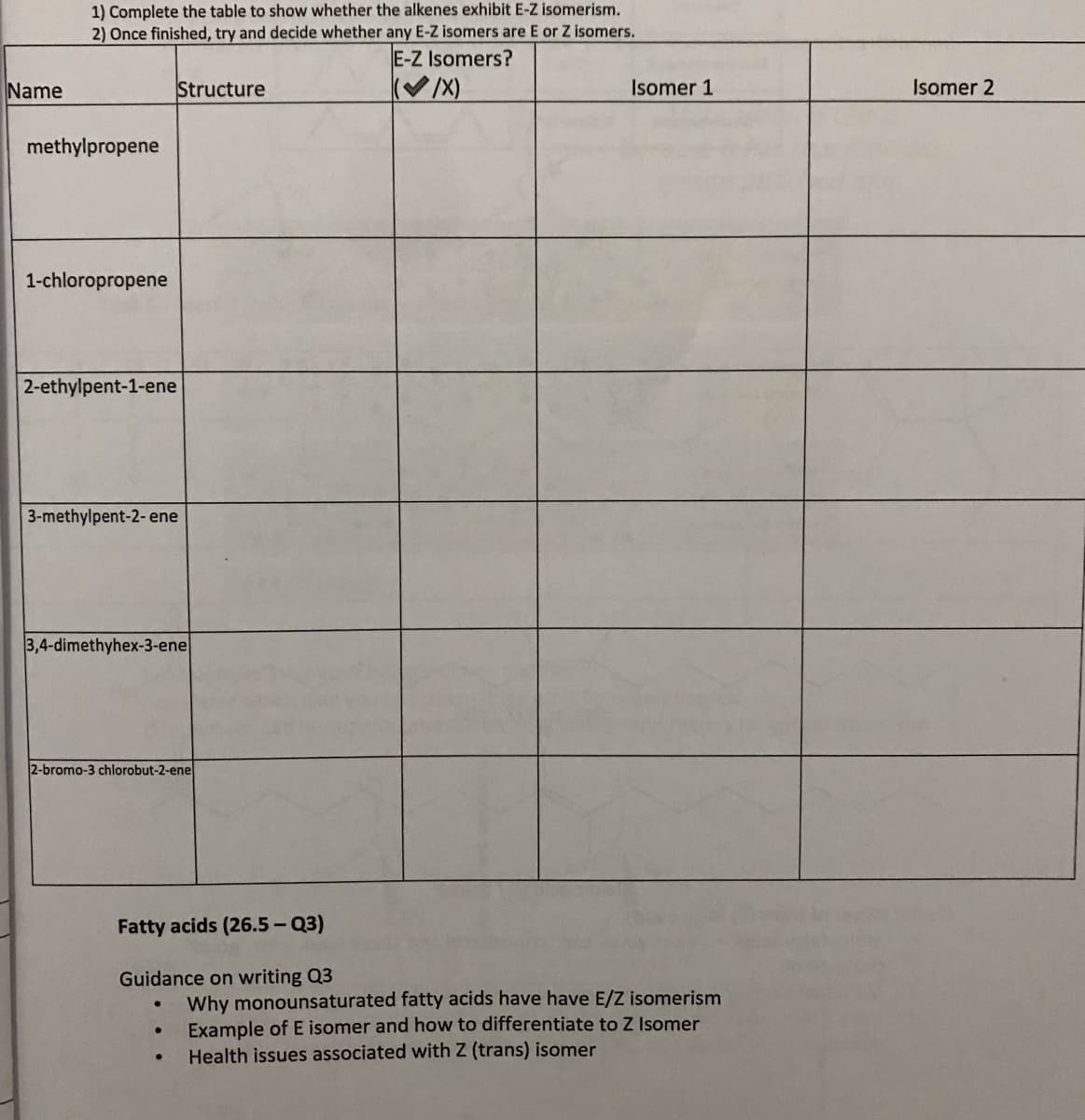 1) Complete the table to show whether the alkenes exhibit E-Z isomerism.
2) Once finished, try and decide whether any E-Z isomers are E or Z isomers.
E-Z Isomers?
(/X)
Name
Structure
Isomer 1
Isomer 2
methylpropene
1-chloropropene
2-ethylpent-1-ene
3-methylpent-2- ene
3,4-dimethyhex-3-ene
2-bromo-3 chlorobut-2-ene
Fatty acids (26.5- Q3)
Guidance on writing Q3
Why monounsaturated fatty acids have have E/Z isomerism
Example of E isomer and how to differentiate to Z Isomer
Health issues associated with Z (trans) isomer
