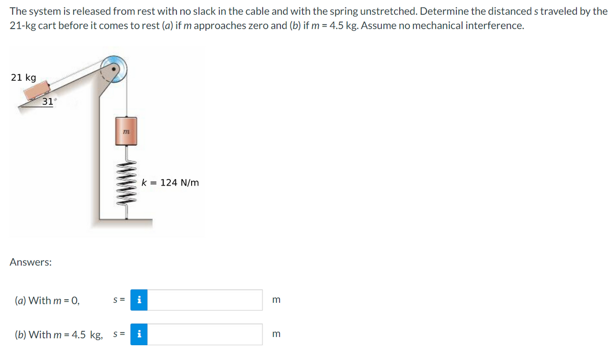 The system is released from rest with no slack in the cable and with the spring unstretched. Determine the distanced s traveled by the
21-kg cart before it comes to rest (a) if m approaches zero and (b) if m = 4.5 kg. Assume no mechanical interference.
21 kg
31
m
k = 124 N/m
Answers:
(a) With m = 0,
S =
(b) With m = 4.5 kg,
S =
www
