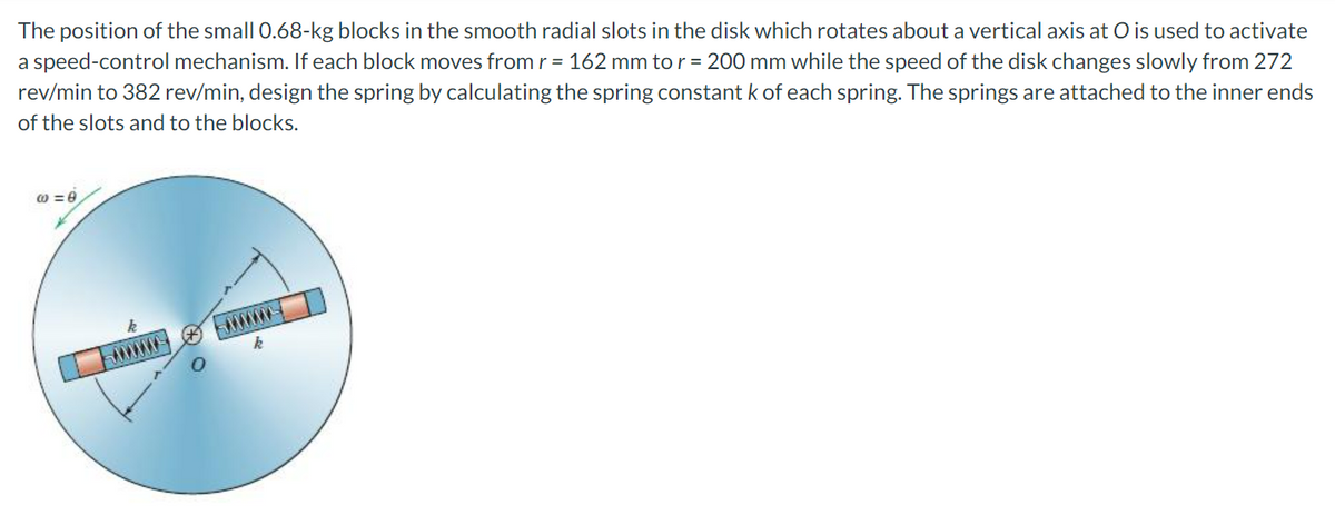 The position of the small 0.68-kg blocks in the smooth radial slots in the disk which rotates about a vertical axis at O is used to activate
a speed-control mechanism. If each block moves from r = 162 mm to r = 200 mm while the speed of the disk changes slowly from 272
rev/min to 382 rev/min, design the spring by calculating the spring constant k of each spring. The springs are attached to the inner ends
of the slots and to the blocks.
