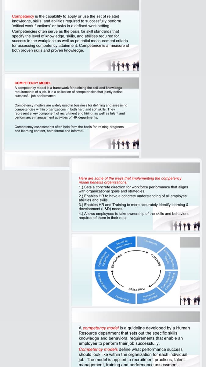 Competency is the capability to apply or use the set of related
knowledge, skills, and abilities required to successfully perform
'critical work functions' or tasks in a defined work setting.
Competencies often serve as the basis for skill standards that
specify the level of knowledge, skills, and abilities required for
success in the workplace as well as potential measurement criteria
for assessing competency attainment. Competence is a measure of
both proven skills and proven knowledge.
COMPETENCY MODEL
A competency model is a framework for defining the skill and knowledge
requirements of a job. It is a colection of competencies that jointly define
successful job performance.
Competency models are widely used in business for defining and assessing
competencies within organizations in both hard and soft skills. They
represent a key component of recruitment and hiring, as well as talent and
performance management activities of HR departments.
Competency assessments often help form the basis for training programs
and learning content, both formal and informal.
HittM
Here are some of the ways that implementing the competency
model benefits organizations:
1.) Sets a concrete direction for workforce performance that aligns
with organizational goals and strategies.
2.) Enables HR to have a concrete understanding of all employee
abilities and skills.
3.) Enables HR and Training to more accurately identify learning &
development (L&D) needs.
4.) Allows employees to take ownership of the skills and behaviors
required of them in their roles.
Hitm
Teamwork
Personal
Eftectiveness
ASSESSING
Leadership
Technical
Knowledge
A competency model is a guideline developed by a Human
Resource department that sets out the specific skills,
knowledge and behavioral requirements that enable an
employee to perform their job successfully.
Competency models define what performance success
should look like within the organization for each individual
job. The model is applied to recruitment practices, talent
management, training and performance assessment.
stional
MOH-
COACHING
DEVELOPING
mun
insay
cation
Conceptual
Critical
