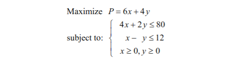 Маximize P%3D6х + 4у
4x+2y< 80
subject to:
х— yS12
х20, у 20
