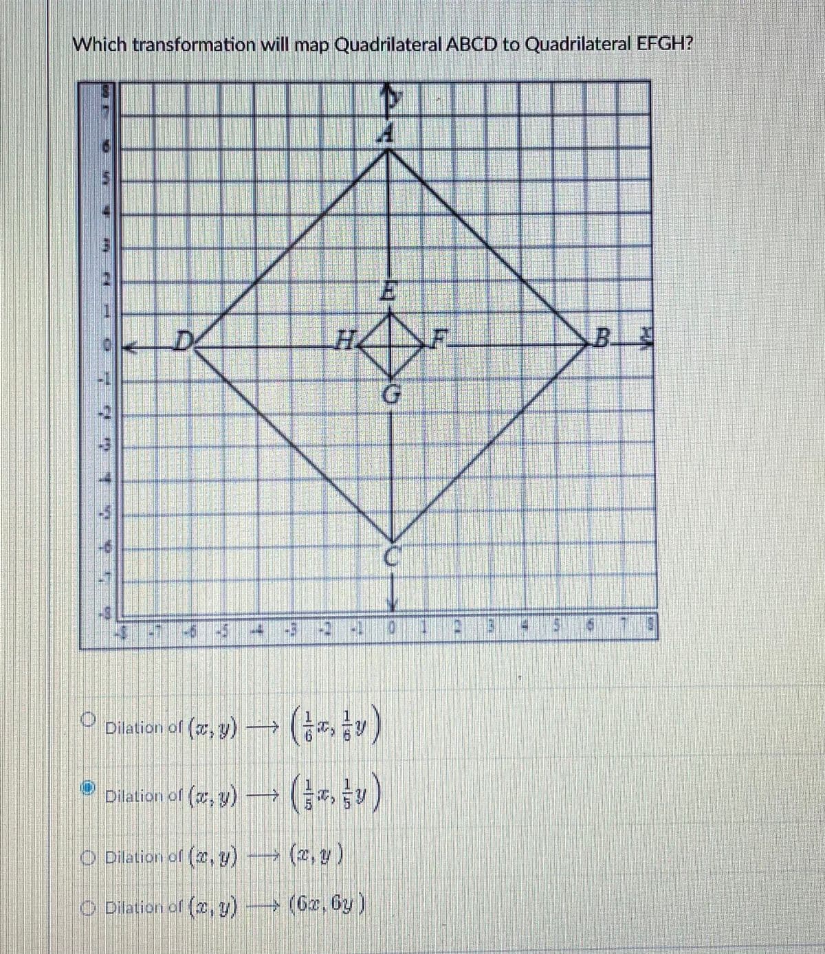 Which transformation will map Quadrilateral ABCD to Quadrilateral EFGH?
D
He
-5
-43-2 -
O Diation of (xr, y) → (r,)
Dilation of (, y)
O Dilation of (, y)
(2.7)
O Dilation of (2,y)
(Gz, 6y)
