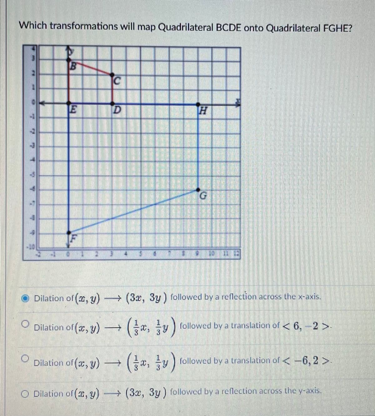 Which transformations will map Quadrilateral BCDE onto Quadrilateral FGHE?
G.
Dilation of (2, y) (3x, 3y) followed by a reflection across the x-axis.
Dilation of (, y)
(. tu)
x, y) followed by a translation of < 6,-2>.
Dilation of (, y) (, y) followed by a translation of < -6, 2>.
followed by a translation of << -6, 2 >.
O Dilation of (2, y) (32, 3y) followed by a reflection across the y-axis.
