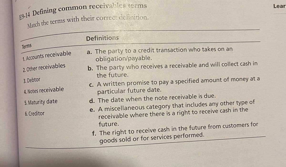 ro.14 Defining common receivalles terms
Metch the terms with their correct definition.
Lear
Definitions
Terms
a. The party to a credit transaction who takes on an
obligation/payable.
b. The party who receives a receivable and will collect cash in
1. Accounts receivable
2. Other receivables
3. Debtor
the future.
C. A written promise to pay a specified amount of money at a
particular future date.
4. Notes receivable
5. Maturity date
d. The date when the note receivable is due.
e. A miscellaneous category that includes any other type of
receivable where there is a right to receive cash in the
future.
6. Creditor
f. The right to receive cash in the future from customers for
goods sold or for services performed.
