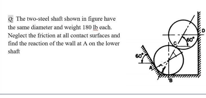 Q: The two-steel shaft shown in figure have
the same diameter and weight 180 lb each.
Neglect the friction at all contact surfaces and
find the reaction of the wall at A on the lower
shaft
