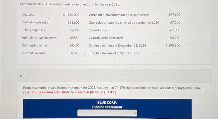 Presented below is information related to Blue Corp. for the year 2025.
Net sales
Cost of goods sold
Selling expenses
Administrative expenses
Dividend revenue
Interest revenue
(a)
$1,586,000
951,600
79,300
58,560
24,400
8,540
Write-off of inventory due to obsolescence
Depreciation expense omitted by accident in 2024
Casualty loss
Cash dividends declared
Retained earnings at December 31, 2024
Effective tax rate of 20% on all items
$97,600
67,100
61,000
BLUE CORP.
Income Statement
54,900
1,195,600,
Prepare a multiple-step income statement for 2025. Assume that 74,176 shares of common stock are outstanding for the entire
year. (Round earnings per share to 2 decimal places, e.g. 1.49.)