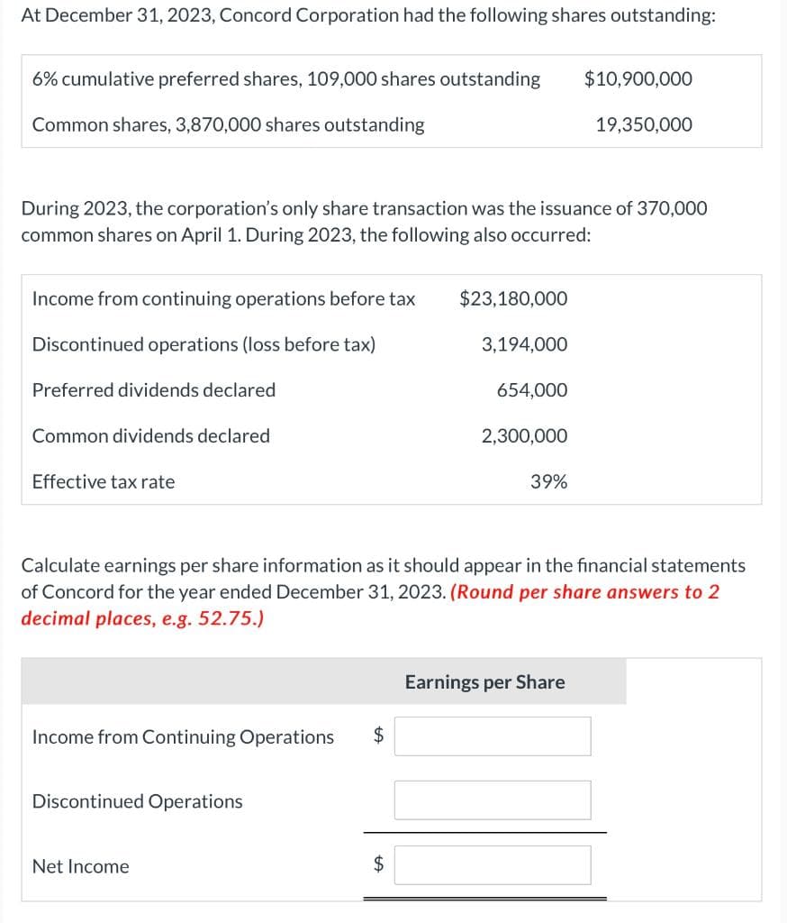 At December 31, 2023, Concord Corporation had the following shares outstanding:
6% cumulative preferred shares, 109,000 shares outstanding
Common shares, 3,870,000 shares outstanding
Income from continuing operations before tax
Discontinued operations (loss before tax)
During 2023, the corporation's only share transaction was the issuance of 370,000
common shares on April 1. During 2023, the following also occurred:
Preferred dividends declared
Common dividends declared
Effective tax rate
Income from Continuing Operations $
Discontinued Operations
Net Income
$23,180,000
$
3,194,000
654,000
2,300,000
Calculate earnings per share information as it should appear in the financial statements
of Concord for the year ended December 31, 2023. (Round per share answers to 2
decimal places, e.g. 52.75.)
39%
$10,900,000
19,350,000
Earnings per Share