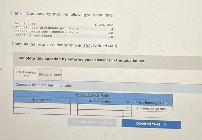 s
Franklin Company reported the following year-end data:
Net income
Annual cash dividends per share
Market price per (common) share
Earnings per share
Compute the (a) price-earnings ratio and (b) dividend yield.
Price Earnings
Ratio
Complete this question by entering your answers in the tabs below.
Dividend Yield
Compute the price-earnings ratio.
Numerator:
$ 236,000
I
1
1
4
160
10
Price-Earnings Ratio
Denominator:
< Price Earnings Ratio
Price-Earnings Ratio
Price-earnings ratio
Dividend Yield >