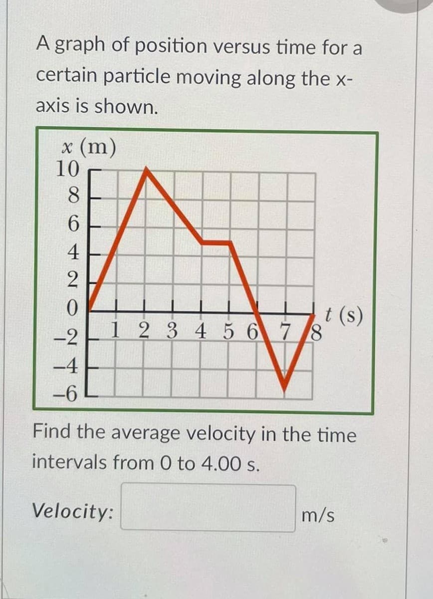 A graph of position versus time for a
certain particle moving along the x-
axis is shown.
x (m)
10
8
6.
t (s)
1 2 3 45 6 78
-2
-4
-6
Find the average velocity in the time
intervals from 0 to 4.00 s.
Velocity:
m/s
420
