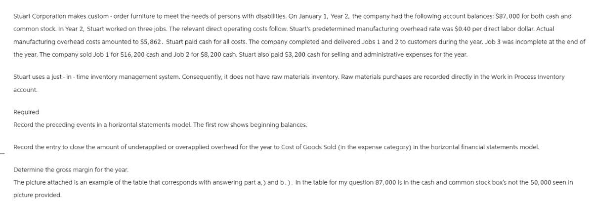 Stuart Corporation makes custom - order furniture to meet the needs of persons with disabilities. On January 1, Year 2, the company had the following account balances: $87,000 for both cash and
common stock. In Year 2, Stuart worked on three jobs. The relevant direct operating costs follow. Stuart's predetermined manufacturing overhead rate was $0.40 per direct labor dollar. Actual
manufacturing overhead costs amounted to $5,862. Stuart paid cash for all costs. The company completed and delivered Jobs 1 and 2 to customers during the year. Job 3 was incomplete at the end of
the year. The company sold Job 1 for $16, 200 cash and Job 2 for $8, 200 cash. Stuart also paid $3,200 cash for selling and administrative expenses for the year.
Stuart uses a just-in-time inventory management system. Consequently, it does not have raw materials inventory. Raw materials purchases are recorded directly in the Work in Process Inventory
account.
Required
Record the preceding events in a horizontal statements model. The first row shows beginning balances.
Record the entry to close the amount of underapplied or overapplied overhead for the year to Cost of Goods Sold (in the expense category) in the horizontal financial statements model.
Determine the gross margin for the year.
The picture attached is an example of the table that corresponds with answering part a,) and b.). In the table for my question 87,000 is in the cash and common stock box's not the 50,000 seen in
picture provided.