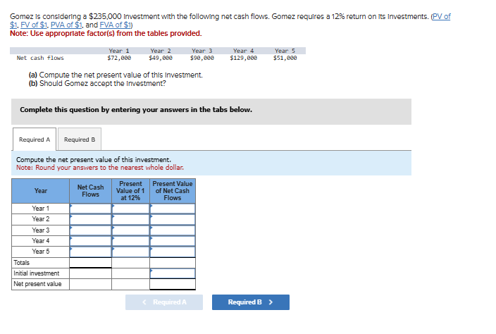 Gomez is considering a $235,000 Investment with the following net cash flows. Gomez requires a 12% return on its Investments. (PV of
$1, FV of $1. PVA of $1, and FVA of $1)
Note: Use appropriate factor(s) from the tables provided.
Net cash flows
Year 1
$72,000
Year 2
$49,000
Year 3
Year 4
$90,000
$129,000
Year 5
$51,000
(a) Compute the net present value of this Investment.
(b) Should Gomez accept the Investment?
Complete this question by entering your answers in the tabs below.
Required A
Required B
Compute the net present value of this investment.
Note: Round your answers to the nearest whole dollar.
Net Cash
Year
Flows
Present
Value of 1
at 12%
Present Value
of Net Cash
Flows
Year 1
Year 2
Year 3
Year 4
Year 5
Totals
Initial investment
Net present value
< Required A
Required B >
