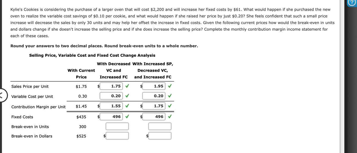 Kylie's Cookies is considering the purchase of a larger oven that will cost $2,200 and will increase her fixed costs by $61. What would happen if she purchased the new
oven to realize the variable cost savings of $0.10 per cookie, and what would happen if she raised her price by just $0.20? She feels confident that such a small price
increase will decrease the sales by only 30 units and may help her offset the increase in fixed costs. Given the following current prices how would the break-even in units
and dollars change if she doesn't increase the selling price and if she does increase the selling price? Complete the monthly contribution margin income statement for
each of these cases.
Round your answers to two decimal places. Round break-even units to a whole number.
Selling Price, Variable Cost and Fixed Cost Change Analysis
With Decreased With Increased SP,
With Current
VC and
Decreased vC,
Price
Increased FC
and Increased FC
Sales Price per Unit
$1.75
2$
1.75
1.95
Variable Cost per Unit
0.30
0.20 V
0.20
Contribution Margin per Unit
$1.45
1.55
$
1.75
Fixed Costs
$435
496
496
Break-even in Units
300
Break-even in Dollars
$525
