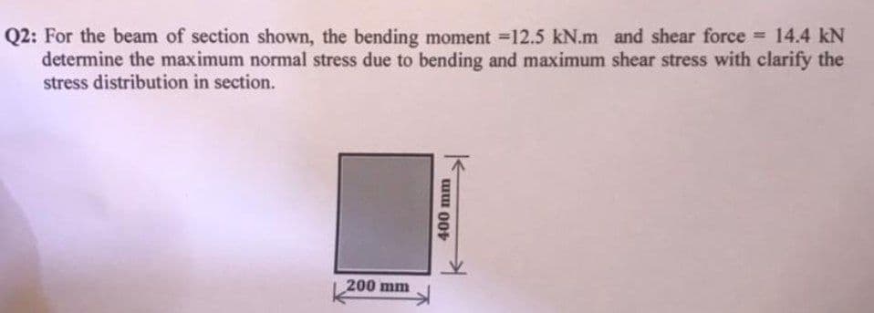 Q2: For the beam of section shown, the bending moment =12.5 kN.m and shear force = 14.4 kN
determine the maximum normal stress due to bending and maximum shear stress with clarify the
stress distribution in section.
200 mm
400 mm