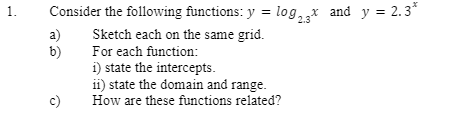 1.
Consider the following functions: y = log2x and y = 2.3*
Sketch each on the same grid.
For each function:
a)
b)
i) state the intercepts.
ii) state the domain and range.
How are these functions related?