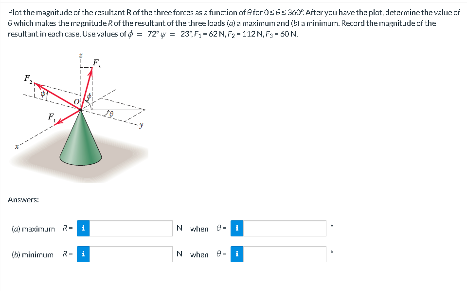 Plot the magnitude of the resultant R of the three forces as a function of for 0≤ 0≤ 360° After you have the plot, determine the value of
8 which makes the magnitude R of the resultant of the three loads (a) a maximum and (b) a minimum. Record the magnitude of the
= 72°µ = 23% F₁ = 62 N, F₂ = 112 N, F3 = 60 N.
resultant in each case. Use values of
F₂
F,
2
Answers:
(a) maximum R=
i
(b) minimum R= i
لا - 16
N when 8= i
N when 8 i