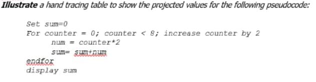 Illustrate a hand tracing table to show the projected values for the following pseudocode:
Set sum=0
For counter = 0; counter < 8; increase counter by 2
num = counter+2
sum= sumtnum
endfor
display suma
