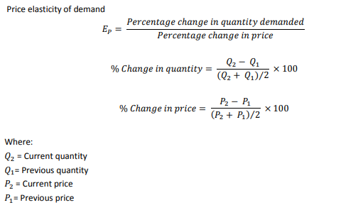 Price elasticity of demand
Percentage change in quantity demanded
Ep
Percentage change in price
Q2 - Q1
x 100
(Q2 + Q1)/2
% Change in quantity
P2 - P
% Change in price =
х 100
(P2 + P1)/2
Where:
Q2 = Current quantity
Q1= Previous quantity
P2 = Current price
Pz = Previous price
