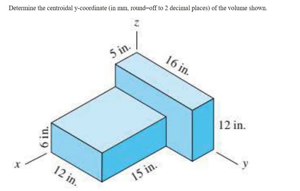 Determine the centroidal y-coordinate (in mm, round-off to 2 decimal places) of the volume shown.
6 in.
12 in.
5 in.
15 in.
16 in.
12 in.