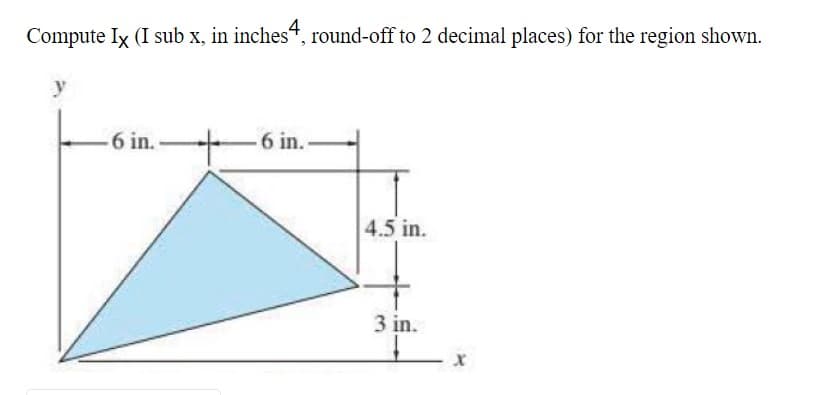 Compute Ix (I sub x, in inches, round-off to 2 decimal places) for the region shown.
-6 in.
6 in..
4.5 in.
3 in.