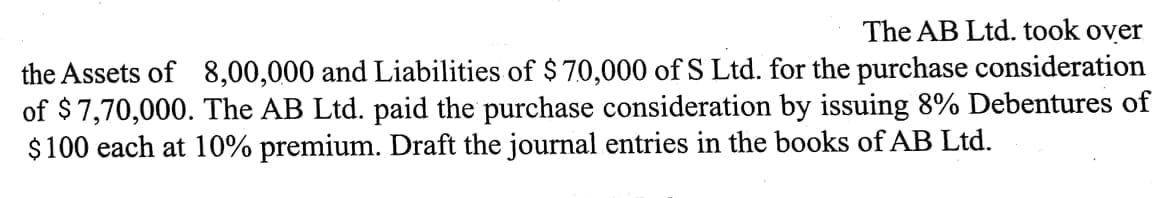 The AB Ltd. took over
the Assets of 8,00,000 and Liabilities of $ 70,000 of S Ltd. for the purchase consideration
of $7,70,000. The AB Ltd. paid the purchase consideration by issuing 8% Debentures of
$100 each at 10% premium. Draft the journal entries in the books of AB Ltd.
