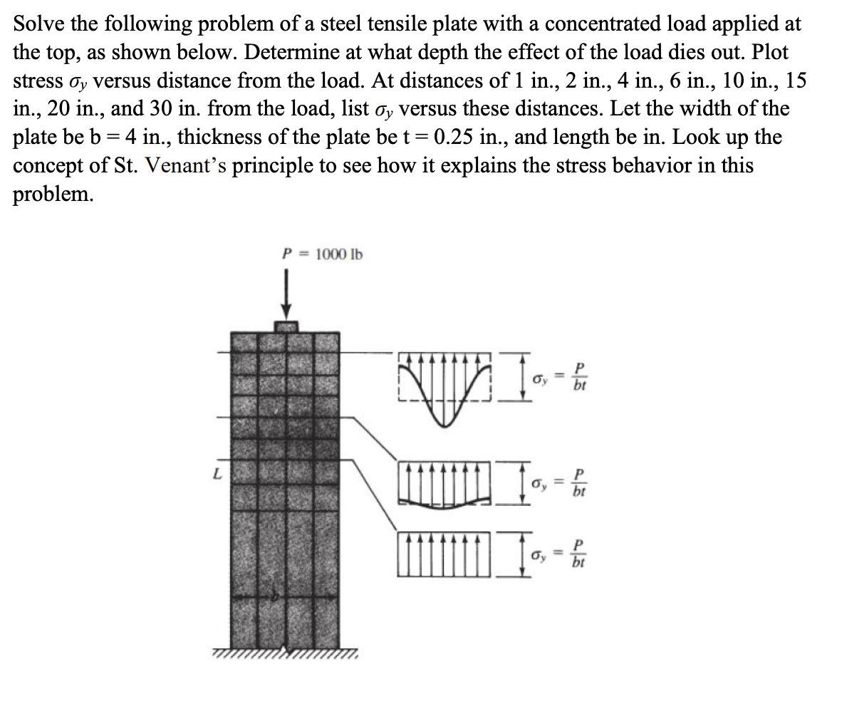 Solve the following problem of a steel tensile plate with a concentrated load applied at
the top, as shown below. Determine at what depth the effect of the load dies out. Plot
stress oy versus distance from the load. At distances of 1 in., 2 in., 4 in., 6 in., 10 in., 15
in., 20 in., and 30 in. from the load, list oy versus these distances. Let the width of the
plate be b = 4 in., thickness of the plate be t = 0.25 in., and length be in. Look up the
concept of St. Venant's principle to see how it explains the stress behavior in this
problem.
L
P = 1000 lb
NUMI - E
бу
bt
Oy bt
6
Gy
=
=
P
bt