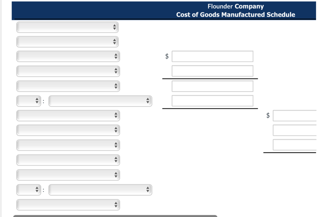 +
$
Flounder Company
Cost of Goods Manufactured Schedule
$