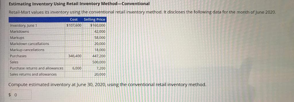 Estimating Inventory Using Retail Inventory Method-Conventional
Retail-Mart values its inventory using the conventional retail inventory method. It discloses the following data for the month of June 2020.
Cost Selling Price
$107,600
$160,000
42,000
58,000
20,000
18,000
447,200
500,000
7,200
20,000
Inventory, June 1
Markdowns
Markups
Markdown cancellations
Markup cancellations
Purchases.
346,400
Sales
Purchase returns and allowances 6,000
Sales returns and allowances
Compute estimated inventory at June 30, 2020, using the conventional retail inventory method.
$0