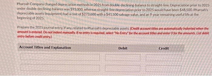 Pharoah Company changed depreciation methods in 2025 from double-declining-balance to straight-line. Depreciation prior to 2025
under double-declining-balance was $93,000, whereas straight-line depreciation prior to 2025 would have been $48,500. Pharoah's
depreciable assets (equipment) had a cost of $273,600 with a $41.100 salvage value, and an 9-year remaining useful life at the
beginning of 2025.
Prepare the 2025 journal entry, if any, related to Pharoah's depreciable assets. (Credit account titles are automatically indented when the
amount is entered. Do not indent manually. If no entry is required, select "No Entry" for the account titles and enter O for the amounts. List debit
entry before credit entry)
Account Titles and Explanation
Debit
Credit