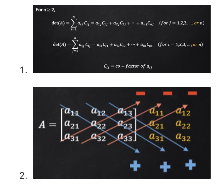 For n2 2,
det(A) = > a;j Cij = a,;C1j + az;C2j +…+ an¡Cnj (for j = 1,2,3, ...,or n)
i=1
det(A) = > aij C;j = an Ci1 + a¿zGiz + …·+ ainCin (for i = 1,2,3, ..., or n)
Cij = co – factor of a;j
1.
a13]
23
d22
A = |a21
A32
A21
a31
ɑ32
a33]
+ + +
2.
