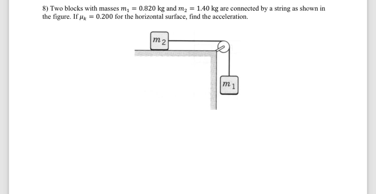 8) Two blocks with masses m₁ = 0.820 kg and m₂ = 1.40 kg are connected by a string as shown in
the figure. If μk = 0.200 for the horizontal surface, find the acceleration.
m2
A
m 1