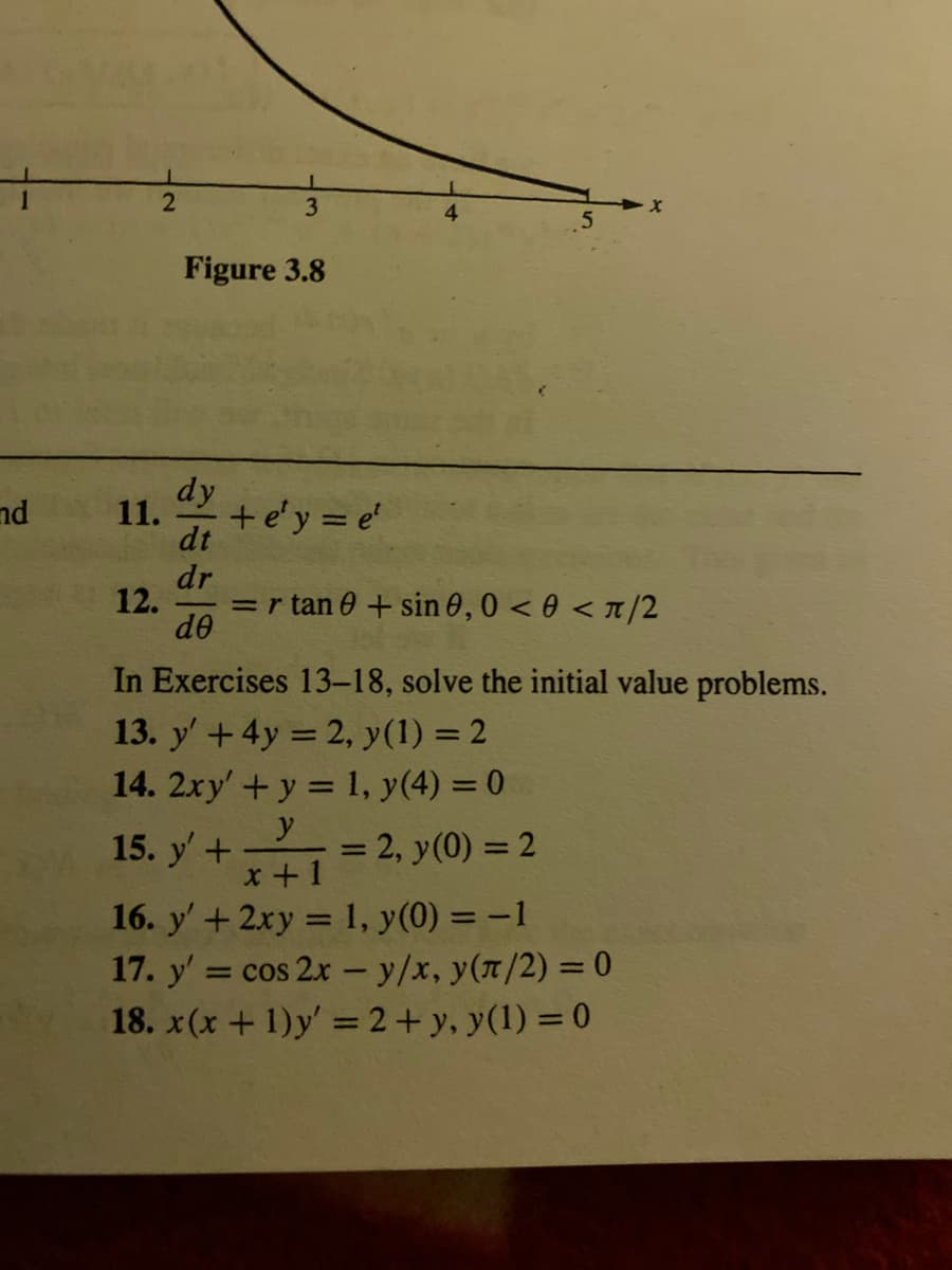 3
Figure 3.8
dy
11.
+e'y = e'
dt
nd
dr
12.
=r tan 0 + sin 0,0 < 0 < /2
de
In Exercises 13-18, solve the initial value problems.
13. y' +4y = 2, y(1) = 2
14. 2xy' +y = 1, y(4) = 0
y
15. y'+
= 2, y(0) = 2
%3D
x +1
16. y' + 2xy = 1, y(0) = -1
17. y' = cos 2x - y/x, y(n/2) = 0
18. x(x + 1)y' =2+ y, y(1) = 0
%3D
